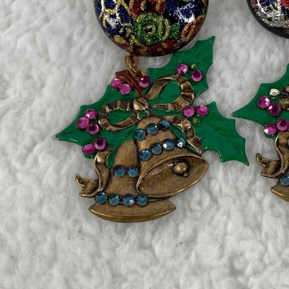 Vintage Christmas Bells Pierced Earrings 2.5"  Button Studs Dangle Rhinestones - Picture 4 of 10